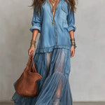 Blue Faux Denim Shirt Collar With Sheer Pockets Maxi Dress