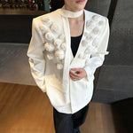 3D Rose V-neck Shoulder Pad Ribbon Jacket