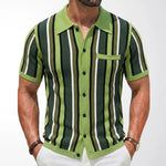 KZZ Men's Summer Casual Knitted Cardigan-Style Polo Shirt — Short Sleeve, Turn-down Collar, Striped