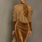 Light Brown Velvet Bodycon Maxi Dress With Chiffon Blouse Set
