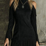 Brown High-neck Off-shoulder Tassel Faux Suede Long-sleeved Mini Dress