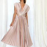 Elegant Satin Pleated V-neck Flowing Midi Dress