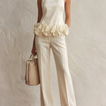 Elegant high-neck top with 3D floral hem and trousers set
