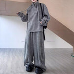 Retro Stand-up Collar Webbing Pullover Sweatshirt Wide-leg Trousers Two-piece Set