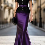 Black lace top and purple mermaid-style maxi skirt evening set (includes belt)