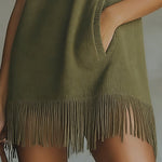 24-Hour-Shipping Olive Green Sleeveless Knit Mini Dress With Fringe Hem