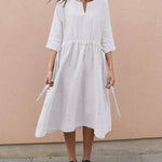 Zeagoo Women's Cotton And Linen V-Neck Lace up Pocket 3/4 Length Sleeve Summer Dresses