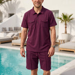 KZZ Men's Business-Casual Waffle-Knit Short-Sleeve Shirt and Shorts Set