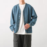 Japanese Retro Washed Denim Collarless Jacket
