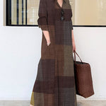 Zeagoo Women's Chic Print Button Down Rolled-Up Sleeve Long V-Neck Blouse Maxi Ankle Dress