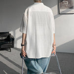 Cotton and Linen Henley Collar Loose T-Shirt