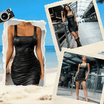 Women's Pleated U Neck Fitted Dress