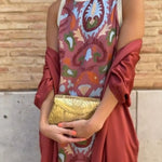 Elegant printed two-piece dress with cape