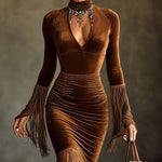 24-Hour-Shipping Brown Velvet Turtleneck Cutout Fringe Long Sleeve Bodycon Dress