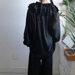 Padded Shoulder Ruffle Collar Loose Drape Shirt