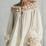 Cream 3D Floral Chiffon Zip Mini Dress