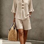 Button-down V-neck Ruffled Top And Shorts Set