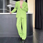Collarless Casual Tie-up Suit Jacket and Slim-fit Trousers Two-piece Set