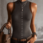 Gray Ribbed Knit Sleeveless Vest With Pearl Button Detailing
