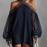 Navy Off-Shoulder Chiffon Mini Dress