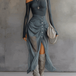 Blue Stretch Knit Chiffon Off-shoulder Maxi Dress With Slit Hem