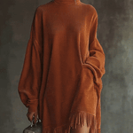 24-Hour-Shipping Orange Corduroy Loose Tassel Hem High Collar Dress