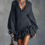 24-Hour-Shipping Gray Knit Mini Dress With Ruffled V-Neckline And Chiffon Hem