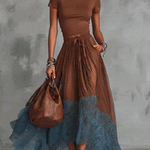 Brown Short Sleeve Shirt And Blue Lace-Trim Tulle Maxi Skirt Set