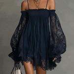 Navy Off-Shoulder Lace Trim Chiffon Mini Dress With Sheer Sleeves