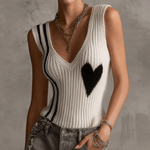 White Ribbed Knit Sleeveless Heart Pattern V-Neck Vest