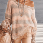Pink And Taupe Striped Mohair Sweater With Lace Trim