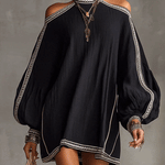 Black Boho Cold Shoulder Lantern Sleeve Linen Mini Dress