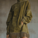 24-Hour-Shipping Olive Faux Suede Turtleneck Dress With Fringe Hem