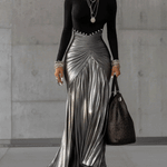 24-Hour-Shipping Black Round Neck Metallic Silver Pleated Maxi Dress