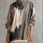 Gray Leopard Print Turtleneck Fringe Hem Faux Suede  Dress