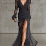 Black Lace Ruched Sheer Long Sleeve Slit Maxi Dress