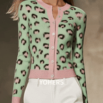Green Leopard Print Button Up Cardigan With Pink Trim