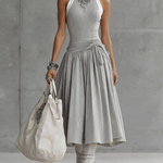 Gray Ribbed Tank Bodice Draped Midi Dress