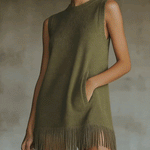 24-Hour-Shipping Olive Green Sleeveless Knit Mini Dress With Fringe Hem