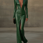 24-Hour-Shipping Green Elegance Croc Embossed Maxi Dress