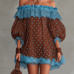 Brown And Blue Off-Shoulder Polka Dot Lace Mini Dress