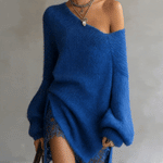 24-Hour-Shipping Blue Off‑Shoulder Mohair Sweater Dress With Lace Hem