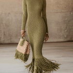 24-Hour-Shipping Olive Green Knit Fringe Hem Bodycon Maxi Dress