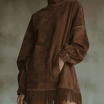 Brown Faux Suede Turtleneck Oversized Dress With Fringe Detail