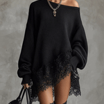 24-Hour-Shipping Black Oversized Mini Dress With Lace Hem