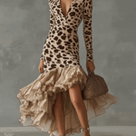 24-Hour-Shipping Leopard Print Ruffled High Low Midi Dress