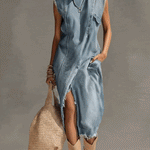 Blue Washed Denim Sleeveless High Neck Frayed Dress