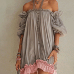 Gray Chiffon Off Shoulder Mini Dress With Pink Hem