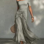 Green Stretch Fabric And Chiffon Maxi Dress