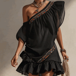 Black Asymmetric Chiffon Embroidered Mini Dress